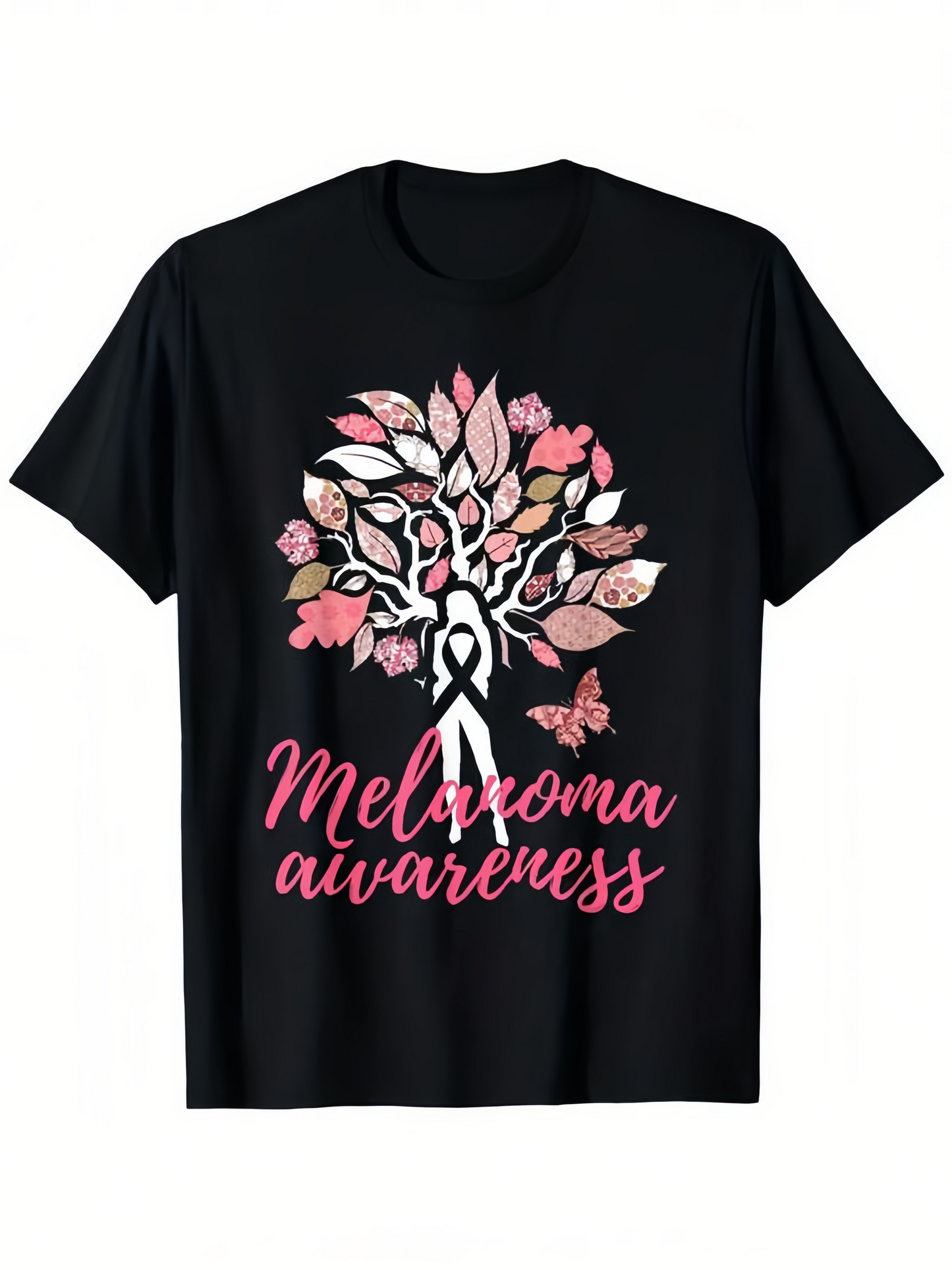 Men's Graphic T-Shirt Melanoma Awareness Pink Leaves And Ribbon Tree Graphic With Silhouette Under Blossoming Tree