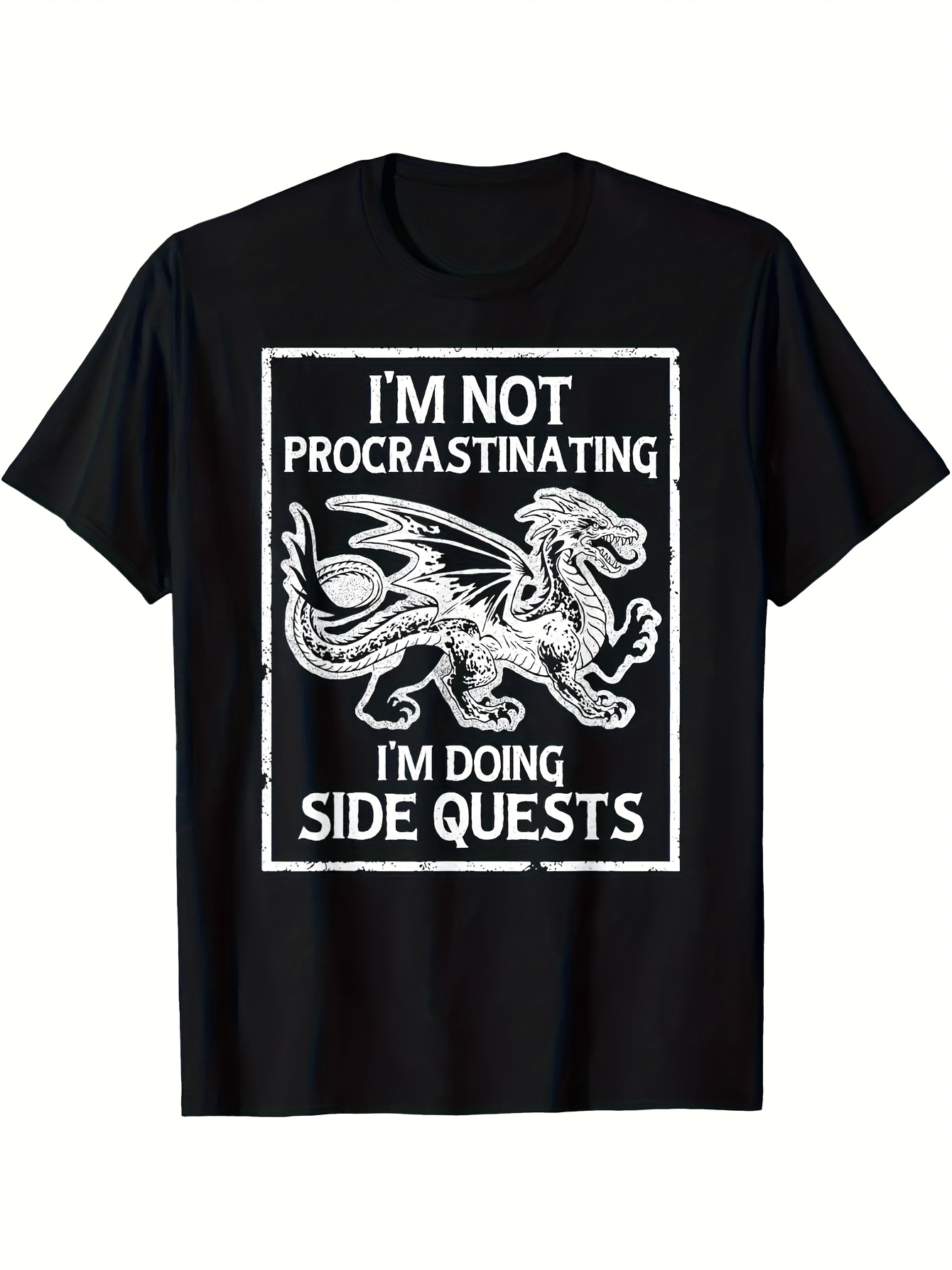 Men's Graphic T-Shirt Im Not Procrastinating Im Doing Side Quests With Hand Drawn Fantasy Style Dragon