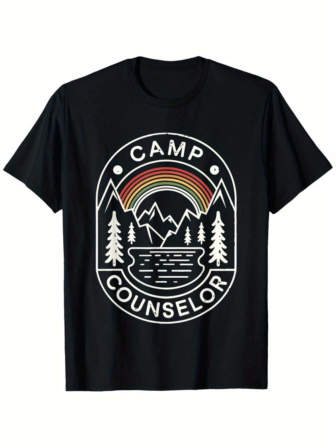 Men's Graphic T-Shirt Camp Counselor With Rainbow Mountains And Serene Lake Among Pine Trees