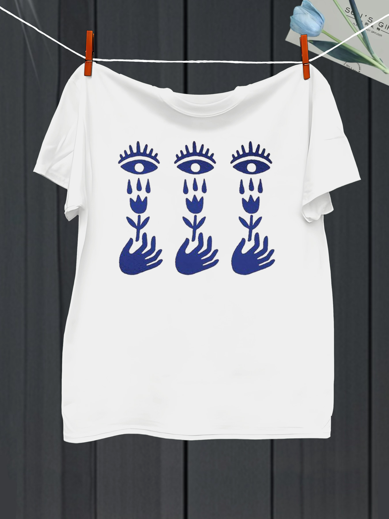 Men's Graphic T-Shirt Abstract Lines With Surreal Blue Hands And All Seeing Eyes