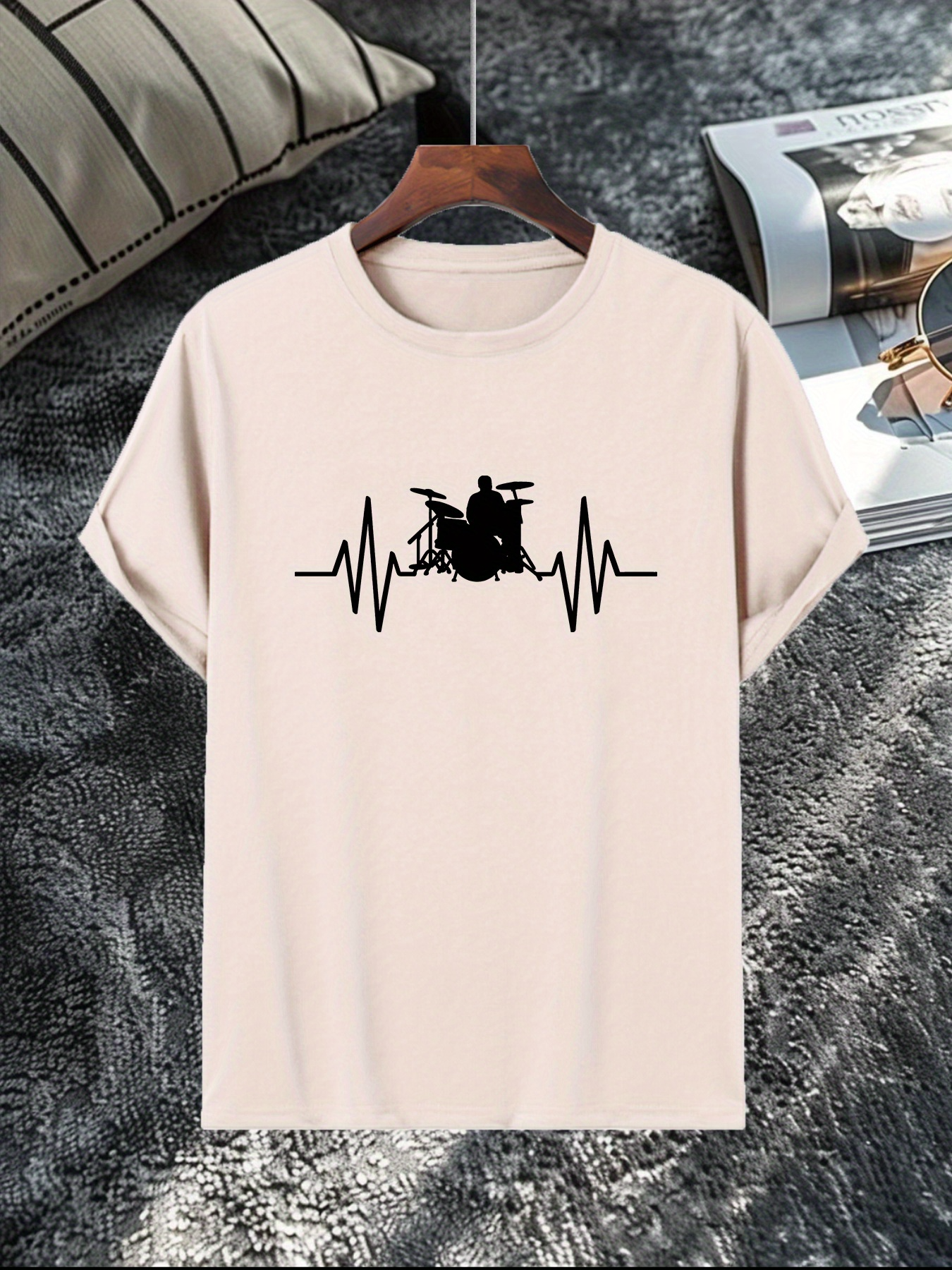 Men's Graphic T-Shirt Heartbeat Sound Waves With Drum Set Silhouette Center Stage