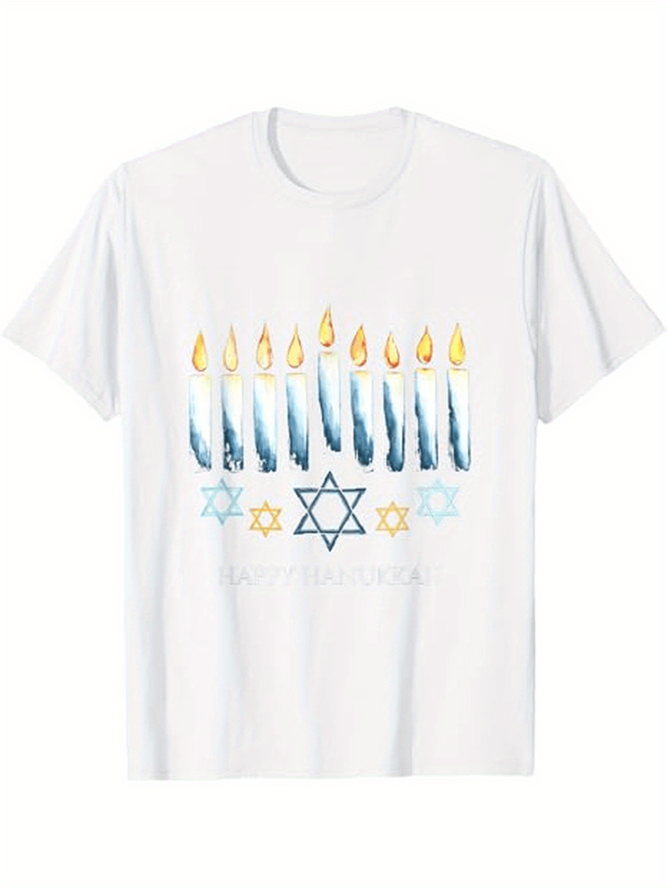 Men's Graphic T-Shirt Watercolor Candles Glowing Light With Torah Stars And Jewish Symbol Menorah