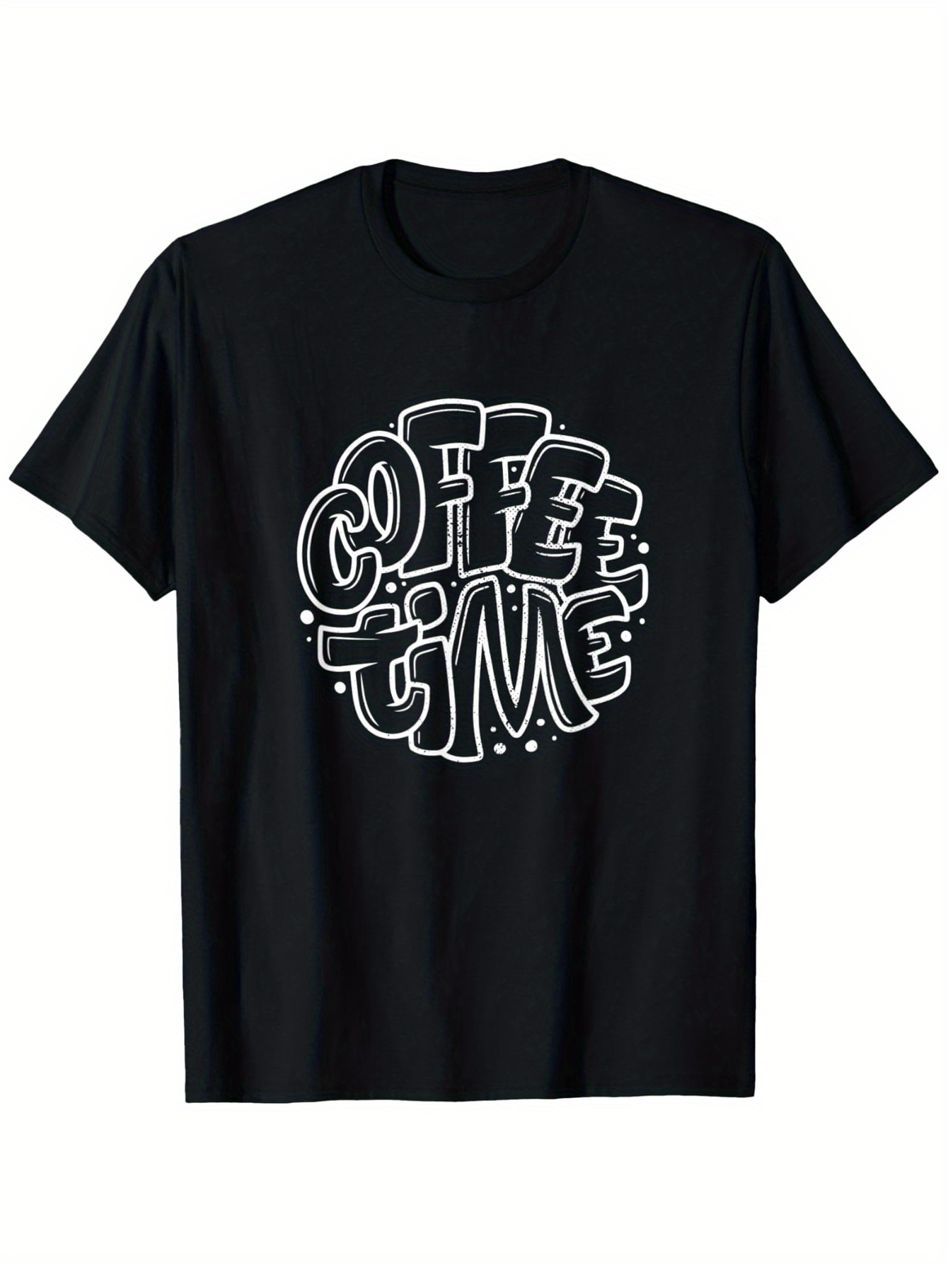 Men's Graphic T-Shirt Coffee Time Bold White Bubble Lettering Surrounded By Playful Dots On Black Shirt