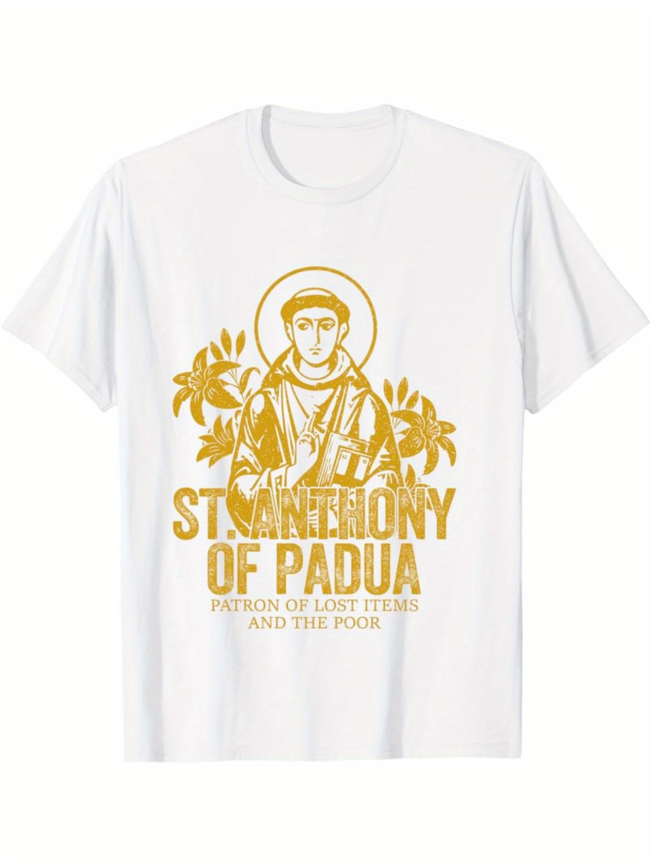 Men's Graphic T-Shirt Saint Anthony Of Padua Surrounded By Olive Branches Golden Religious Figure