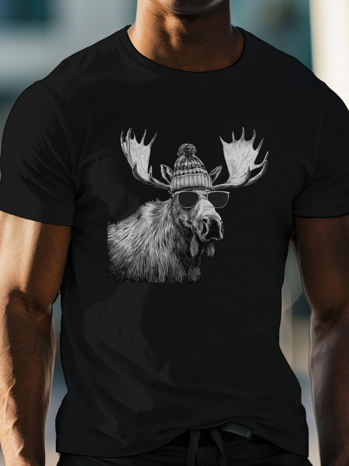 Men's Graphic T-Shirt Winter Hat And Glasses Moose Graphic Amid Urban Streetwear Vibes Moose