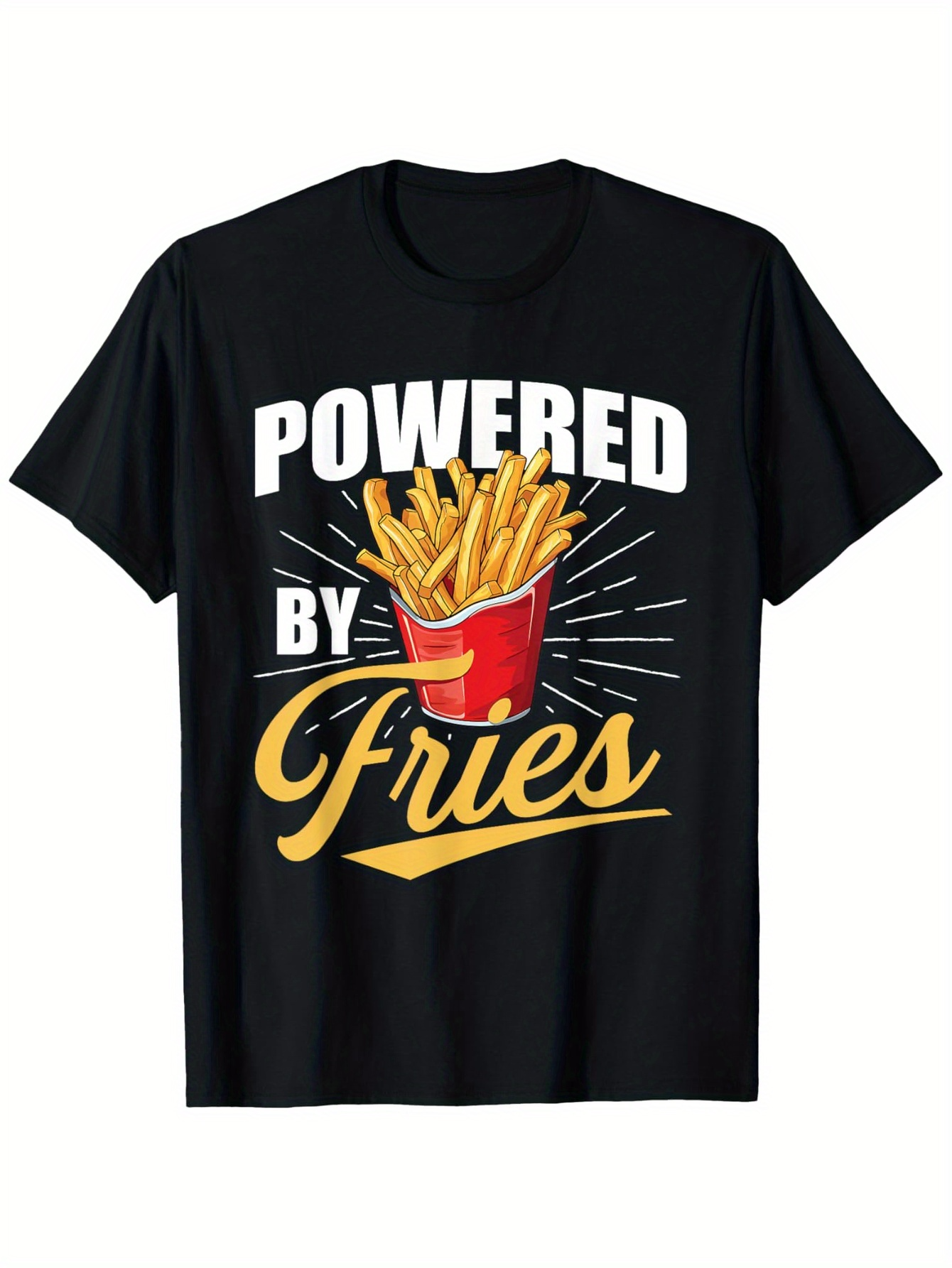 Men's Graphic T-Shirt Powered By Fries Glowing Golden Sunburst With Crispy French Fries In Box