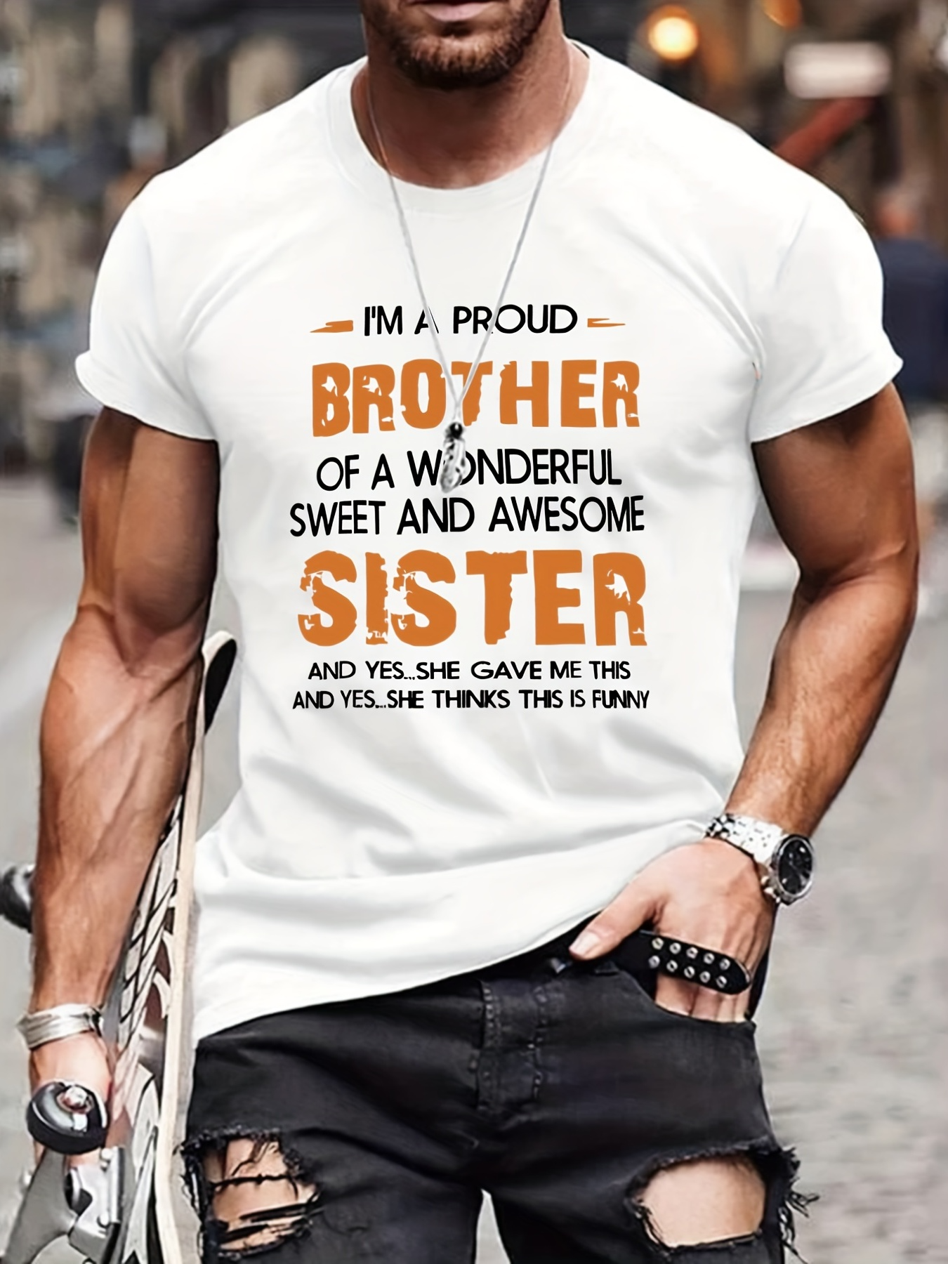 Men's Graphic T-Shirt Proud Brother With Compliment Words And Playful Sister