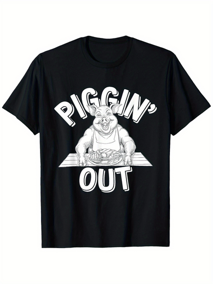 Men's Graphic T-Shirt Piggin Out Happy Cartoon Pig Feasting At A Table