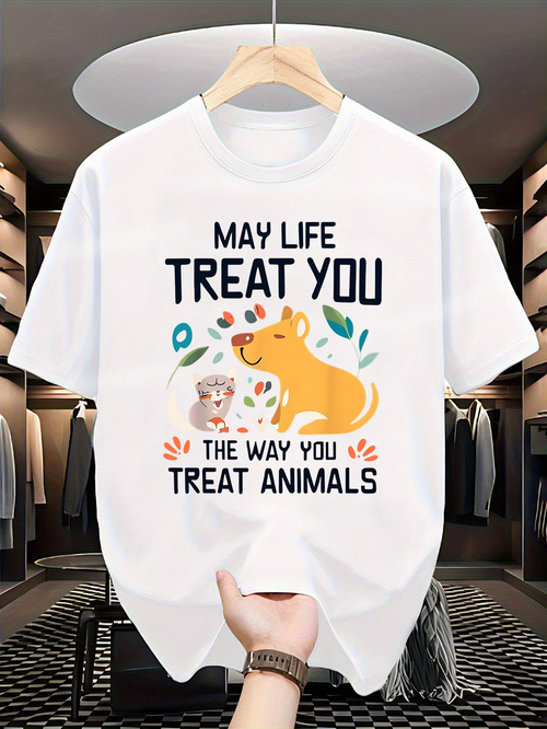 Men's Graphic T-Shirt May Life Treat You With Playful Kittens And Cheerful Smiling Dog