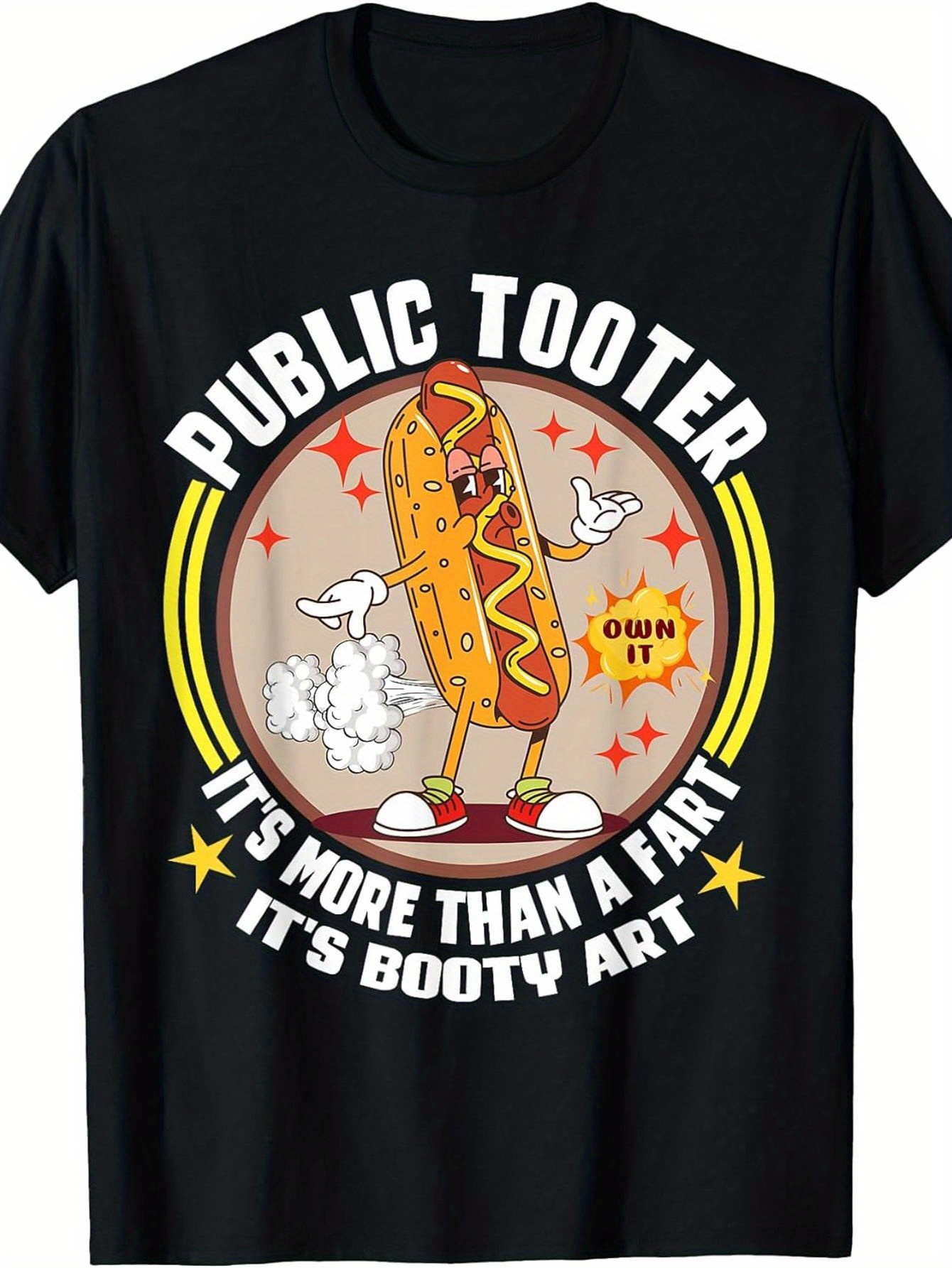 Men's Graphic T-Shirt Public Tooter Cartoon Hot Dog Farting With Text And Colorful Retro Circle