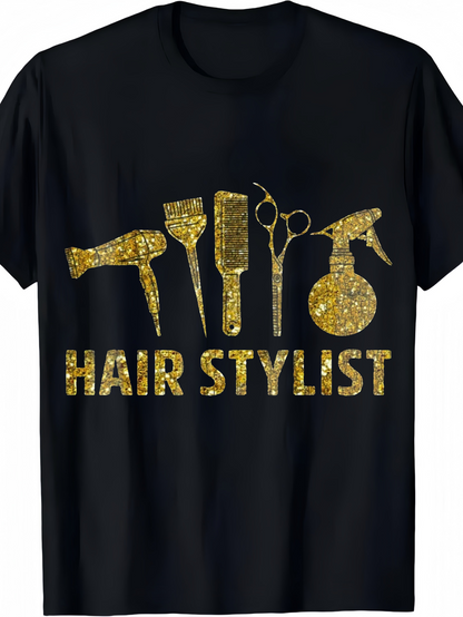 Men's Graphic T-Shirt Hair Stylist Gold Glitter Tools And Text On Black T Shirt