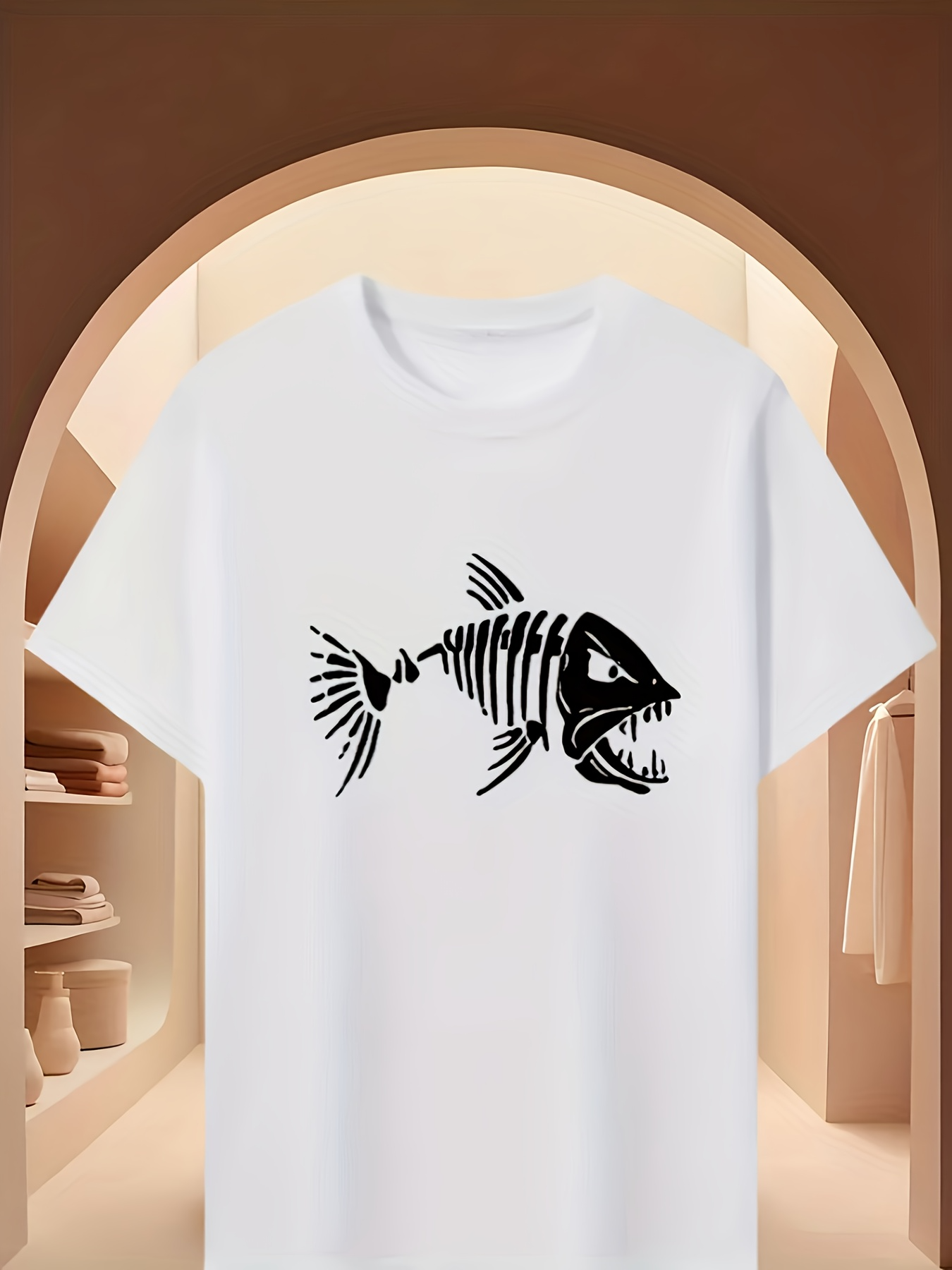 Men's Graphic T-Shirt Monochrome Bold Skeleton Outline Fierce Predatory River Fish