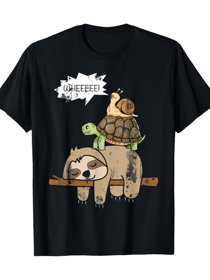 Men's Graphic T-Shirt Wheeeee Playful Snail Turtle And Sloth Relaxing On Branch