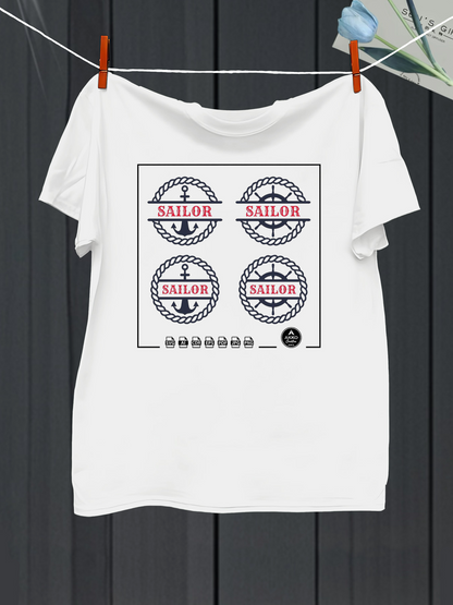 Men's Graphic T-Shirt Sailor Seaworthy Rope Circles With Anchors Beneath Nautical Wheel Motif