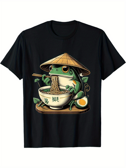 Men's Graphic T-Shirt Cartoon Frog With Bamboo Hat Enjoying Noodles And Boiled Egg Bowl