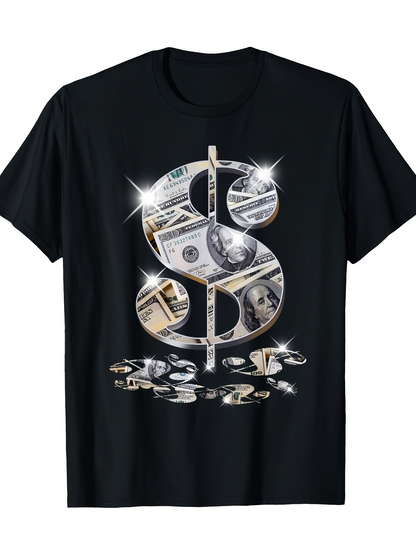 Men's Graphic T-Shirt Glittering Reflections With Hundred Dollar Bills Shining Silver Dollar Sign