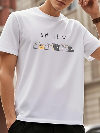 Men's Graphic T-Shirt Smile Playful Cartoon Cats Lined Up With Sweet Expressions Kitten