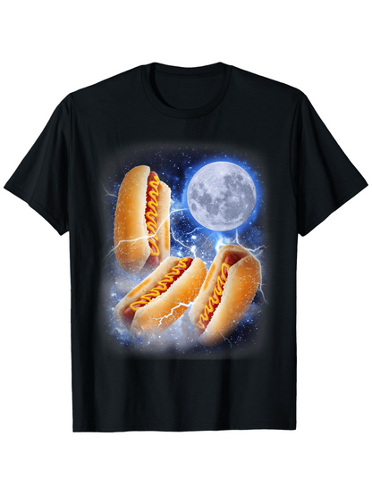 Men's Graphic T-Shirt Glowing Full Moon With Lightning Over Hot Dogs