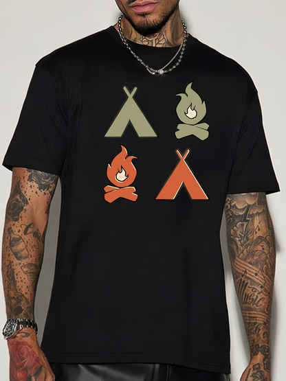 Men's Graphic T-Shirt Vintage Style Campsite Fire Pairs Under Classic Night Sky Tent