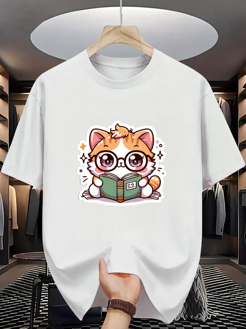 Men's Graphic T-Shirt Cute Cartoon Cat With Glasses Studying Books Surrounded By Sparkling Stars Cat