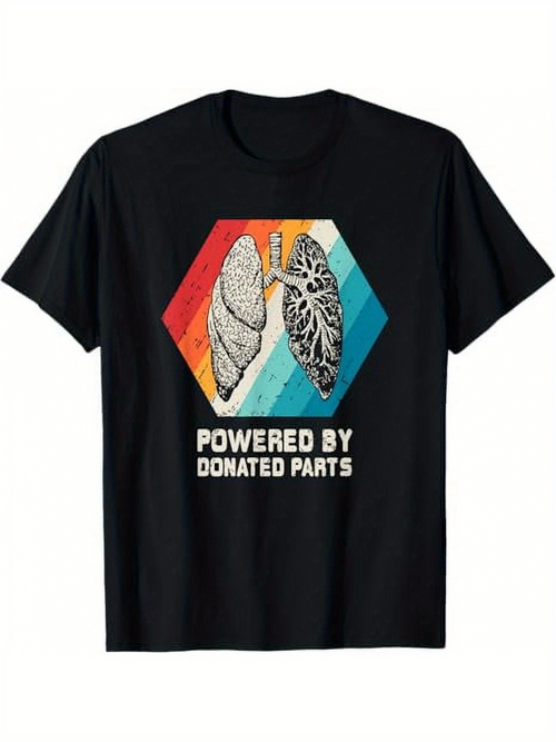 Men's Graphic T-Shirt Powered By Donated Parts Retro Hexagon With Anatomical Lungs Graphic
