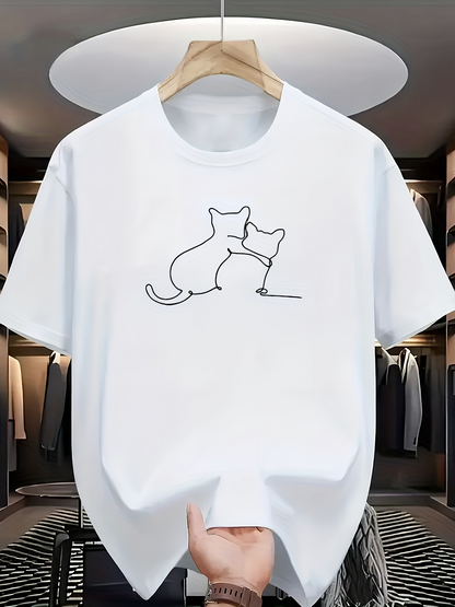 Men's Graphic T-Shirt Minimalist Line Art With Two Sitting Cats Together Cat