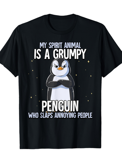 Men's Graphic T-Shirt My Spirit Animal Is A Grumpy Penguin Surrounded By Stars With Cartoon Animal