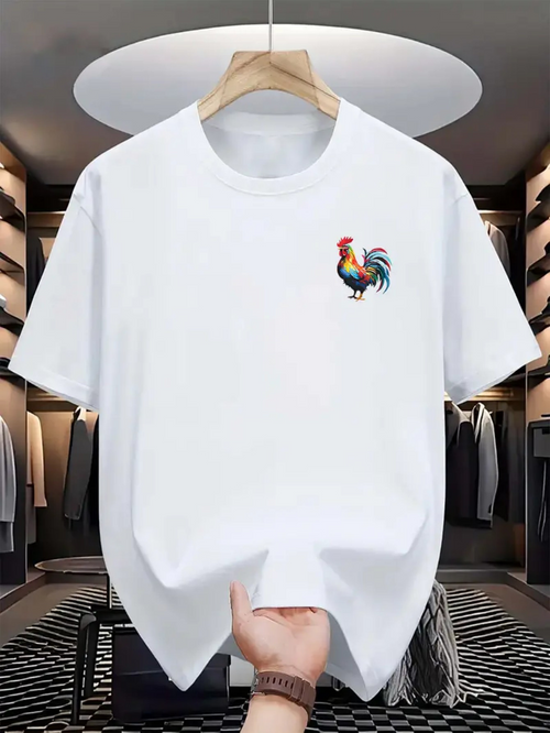 Men's Graphic T-Shirt Vibrant Colors With Shining Feathers On Pristine White Rooster