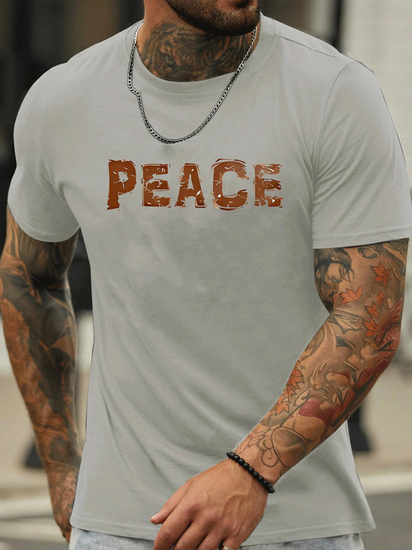 Men's Graphic T-Shirt Peace Large Distressed Orange Letters Under Strong Daylight Peace