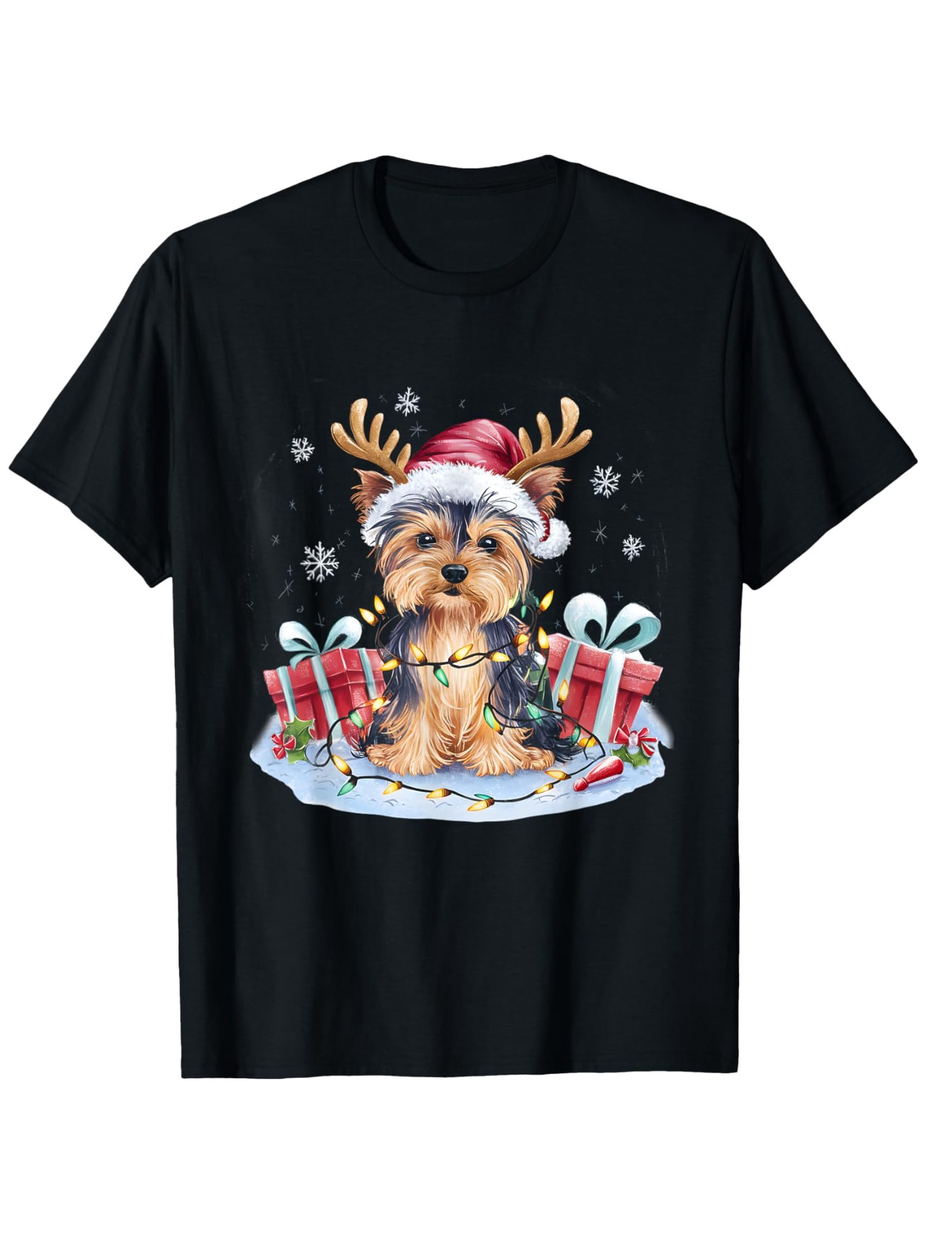 Men's Graphic T-Shirt Festive Gifts And Snowflakes With Yorkshire Terrier In Santa Hat