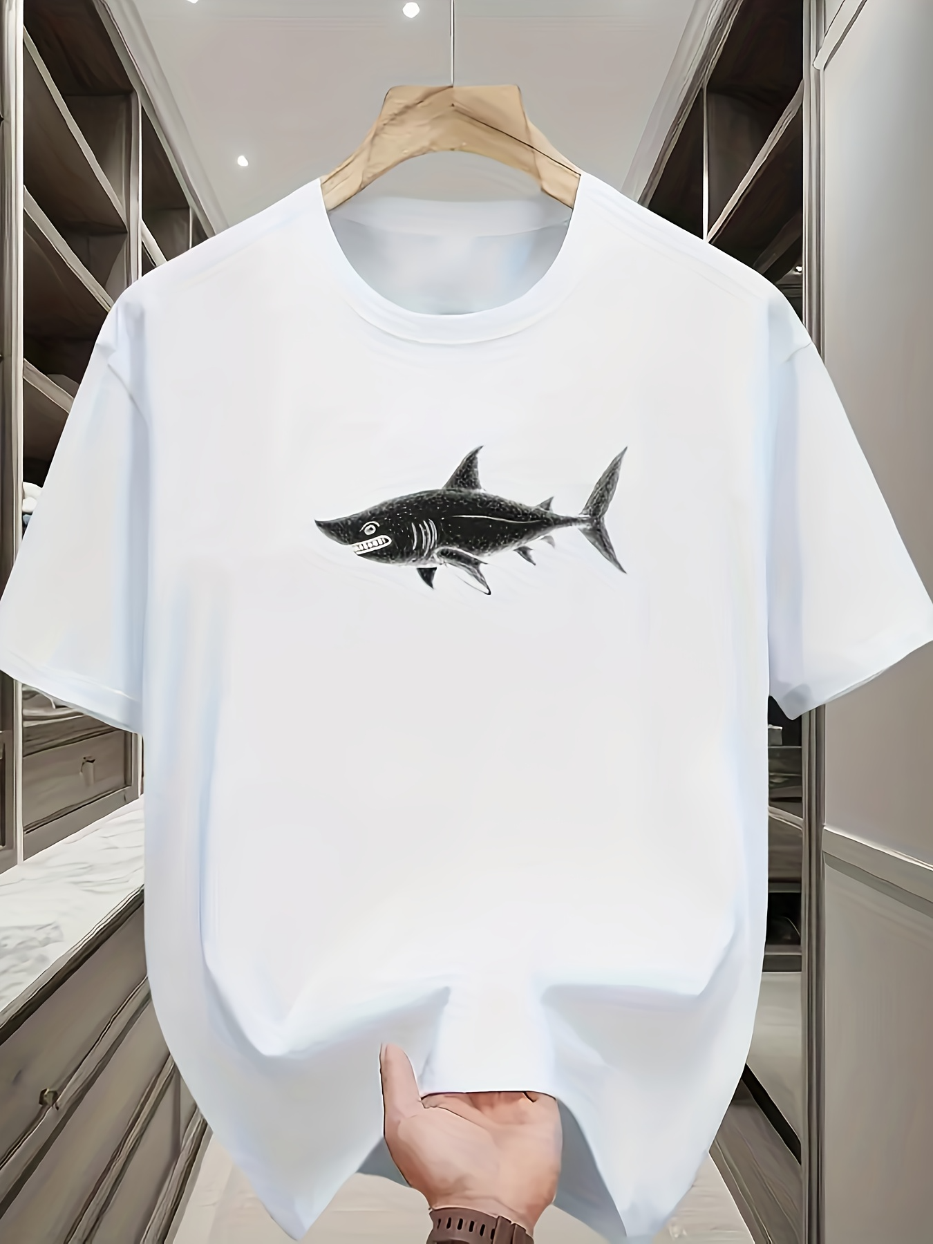 Men's Graphic T-Shirt Minimalist Hand Painted Black Shark Swimming Underwater Shark
