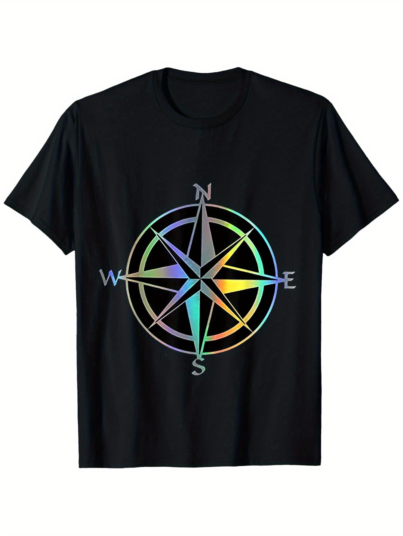 Men's Graphic T-Shirt Colorful Compass Rose With Iridescent Glow Directional Letters On Compass
