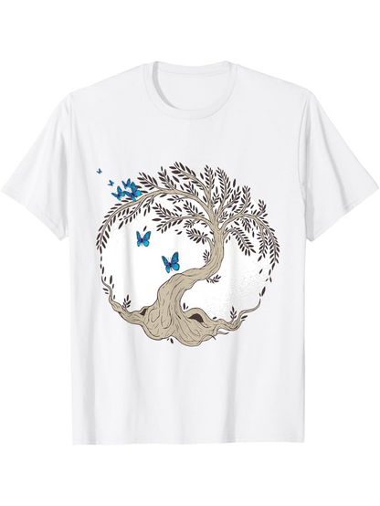 Men's Graphic T-Shirt Whimsical Blue Butterflies Dancing Around A Twisted Ancient Tree