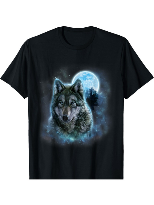 Men's Graphic T-Shirt Mystical Night With Glowing Full Moon And Luminous Mist Wolf