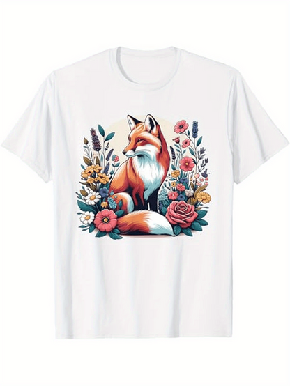 Men's Graphic T-Shirt Lush Garden With Colorful Blossoms Surrounding A Vibrant Fox