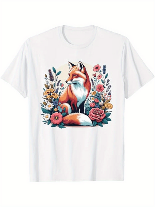 Men's Graphic T-Shirt Lush Garden With Colorful Blossoms Surrounding A Vibrant Fox