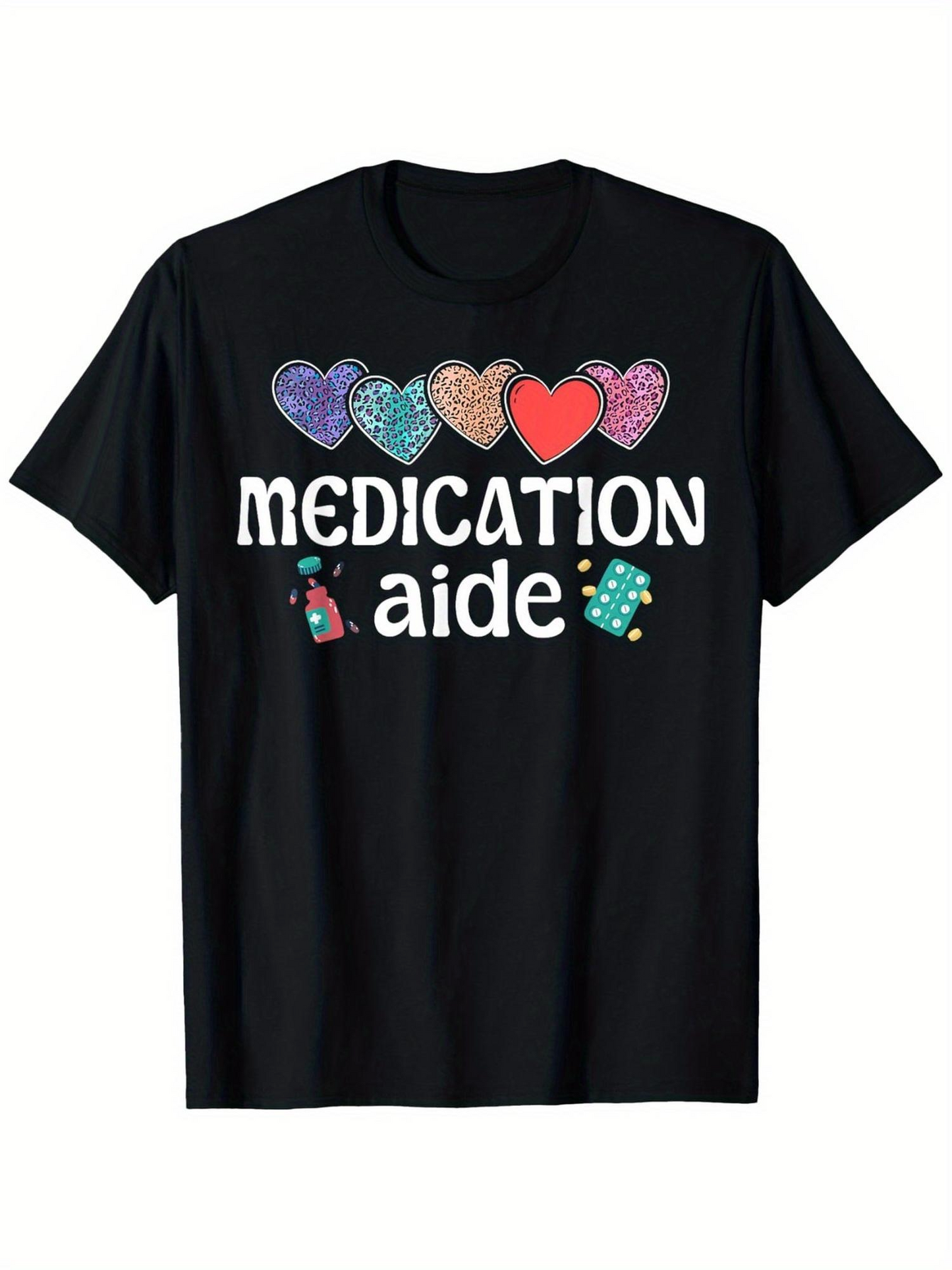 Men's Graphic T-Shirt Medication Aide Whimsical Glittering Hearts With Medicine Bottles And Pills