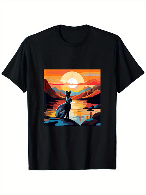 Men's Graphic T-Shirt Serene Lake Among Vibrant Mountains Under Colorful Sunset Rabbit
