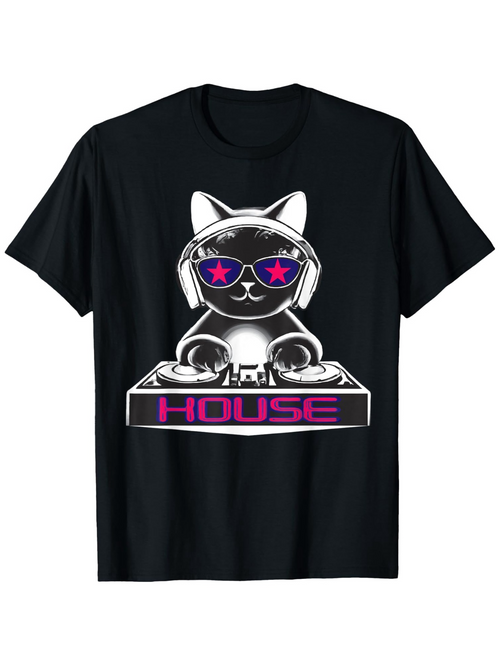 Men's Graphic T-Shirt Futuristic Neon DJ Booth With Cat Wearing Headphones House