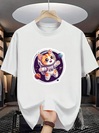 Men's Graphic T-Shirt Playful Orange Cat Floating Among Colorful Planets In Outer Space Kitten