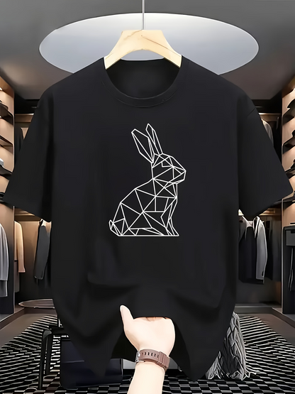 Men's Graphic T-Shirt Geometric Line Art With Abstract Shapes Forming A Sitting Rabbit