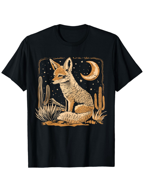 Men's Graphic T-Shirt Desert Night With Cacti Crescent Moon Starlit Sky Calm Resting Fox