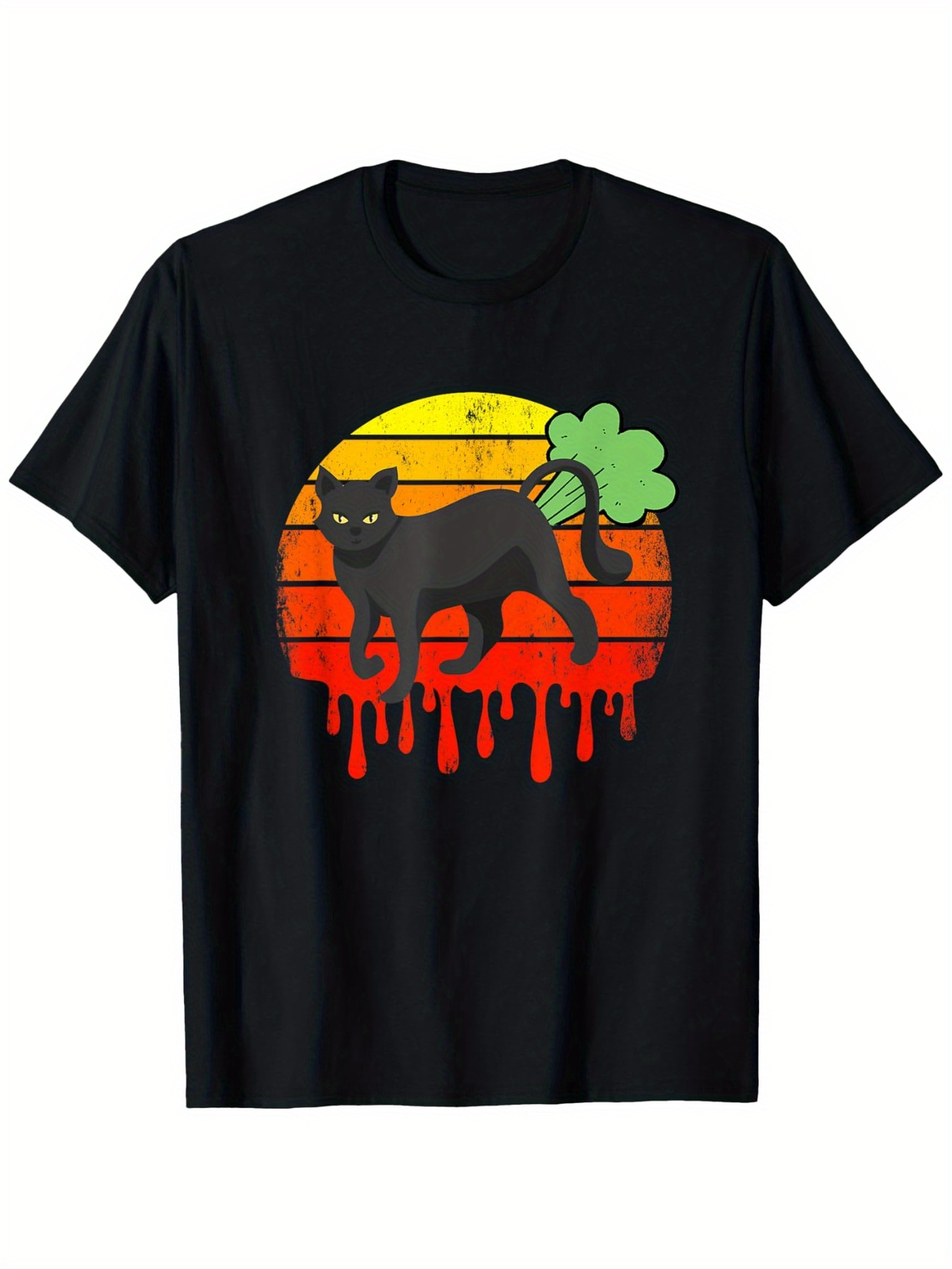 Men's Graphic T-Shirt Vintage Sunset With Black Cat And Lucky Green Clover