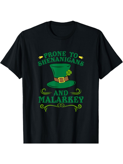 Men's Graphic T-Shirt Prone To Shenanigans And Malarkey With Green Hat Surrounded By Decorative Motifs