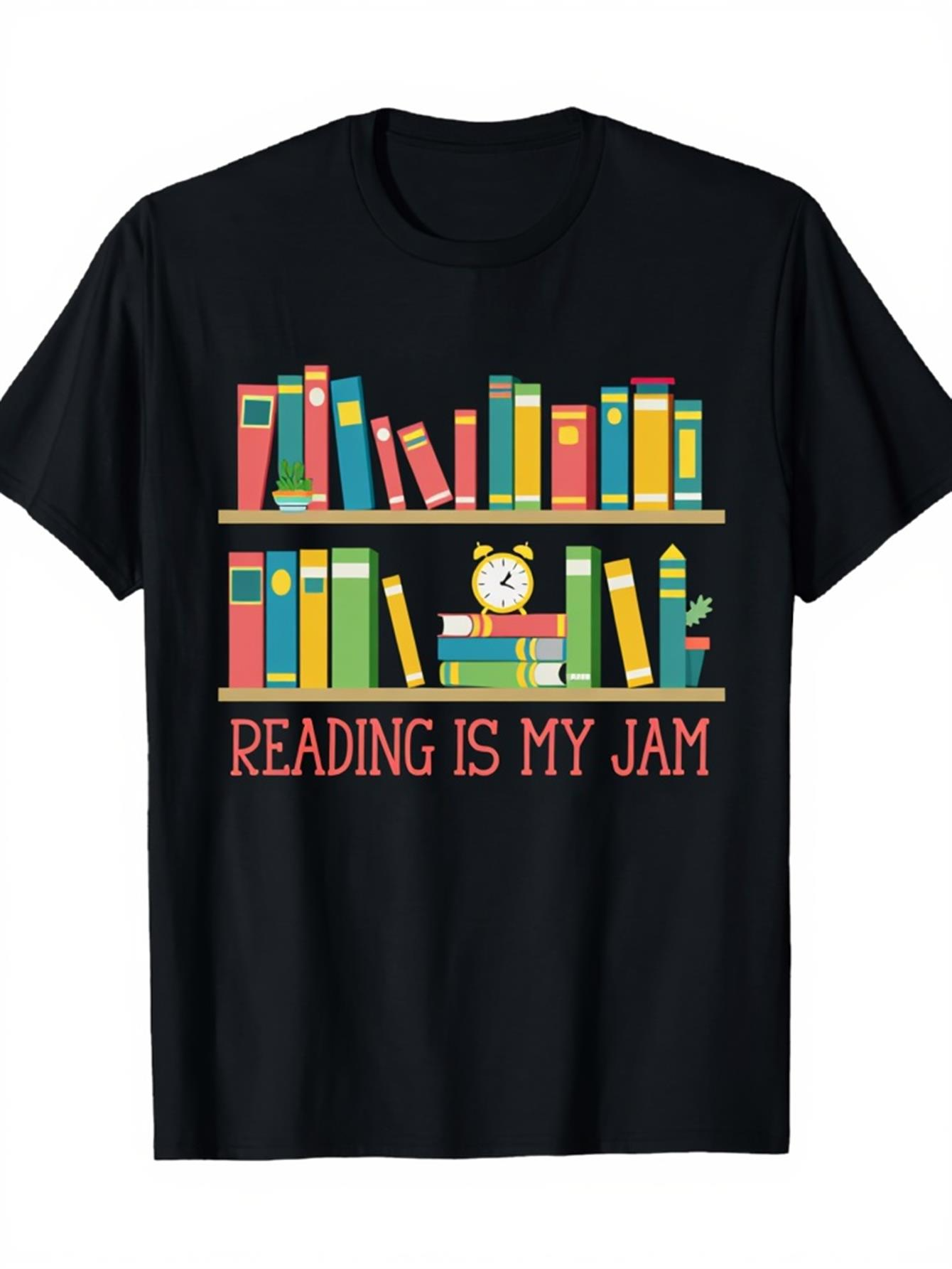 Men's Graphic T-Shirt Reading Is My Jam Colorful Bookshelf With Stacked Volumes And Alarm Clock Books