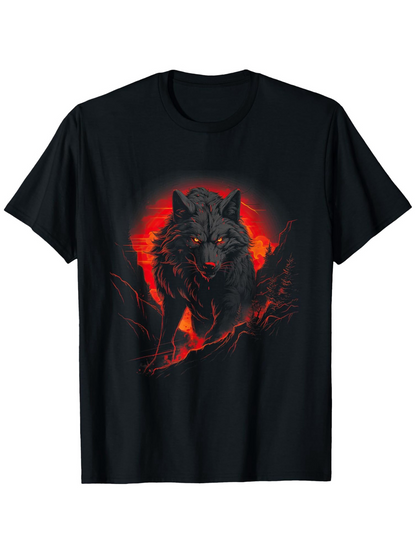 Men's Graphic T-Shirt Glowing Red Flames With Fierce Wolf In Fiery Darkness Wolf