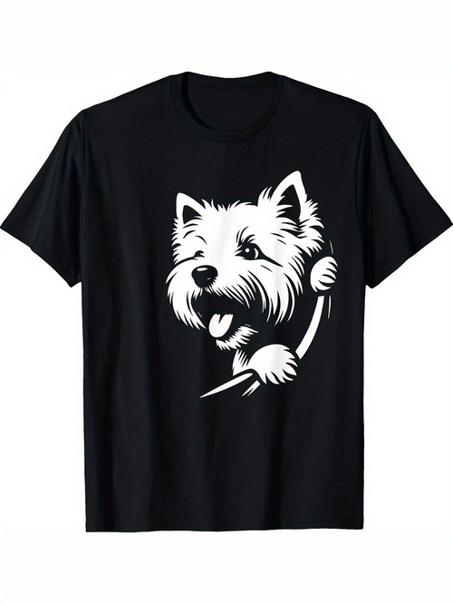 Men's Graphic T-Shirt Playful Smiling Puppy With Fluffy White Fur Black Shirt