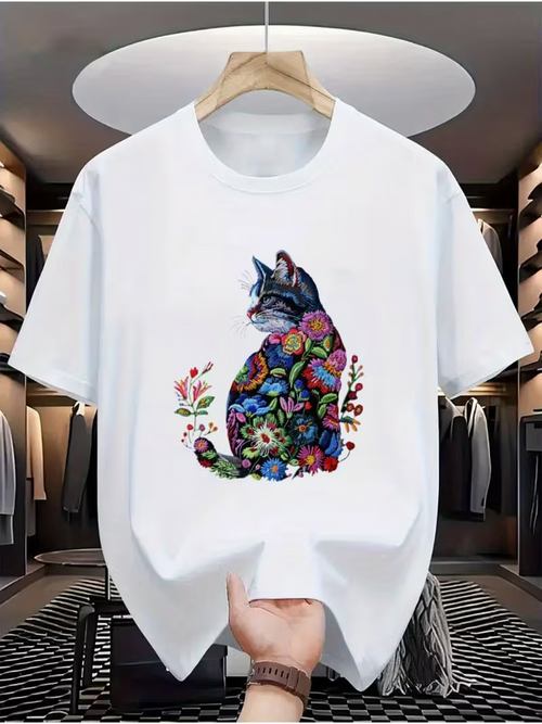 Men's Graphic T-Shirt Vivid Floral Patterns Blooming On Peaceful Sitting Cat