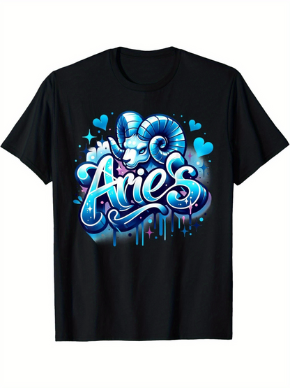 Men's Graphic T-Shirt Aries Blue Graffiti Letters Shining Hearts And Bold Ram Graphic