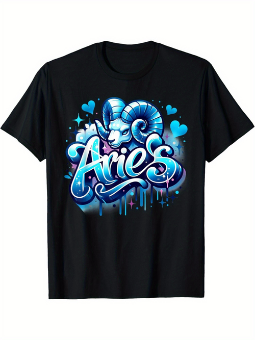 Men's Graphic T-Shirt Aries Blue Graffiti Letters Shining Hearts And Bold Ram Graphic